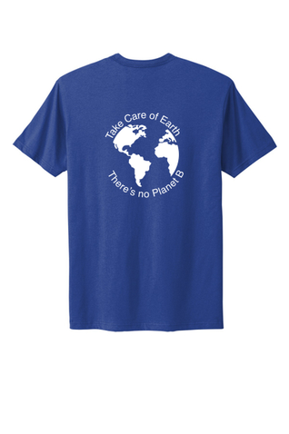 Blue tshirt with CLCF logo and words "take care of earth, there is no planet B"
